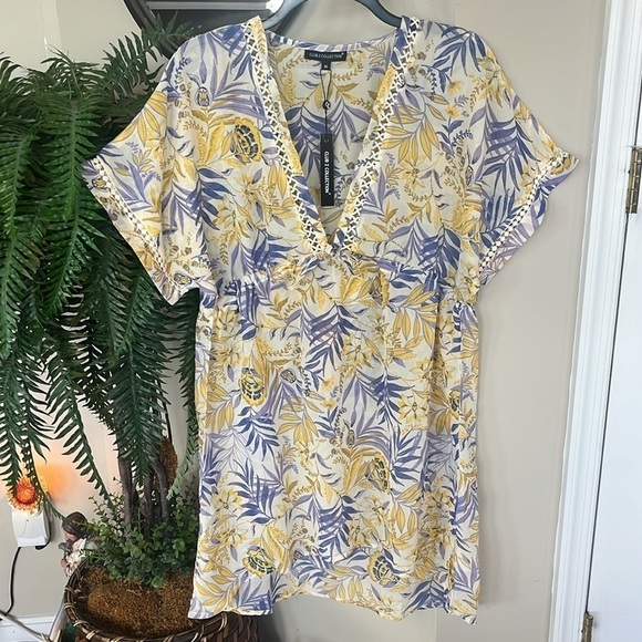 Brand New Club Z Collection Blue & Yellow Sheer Floral Drawstring Beach Cover Up - Picture 1 of 13